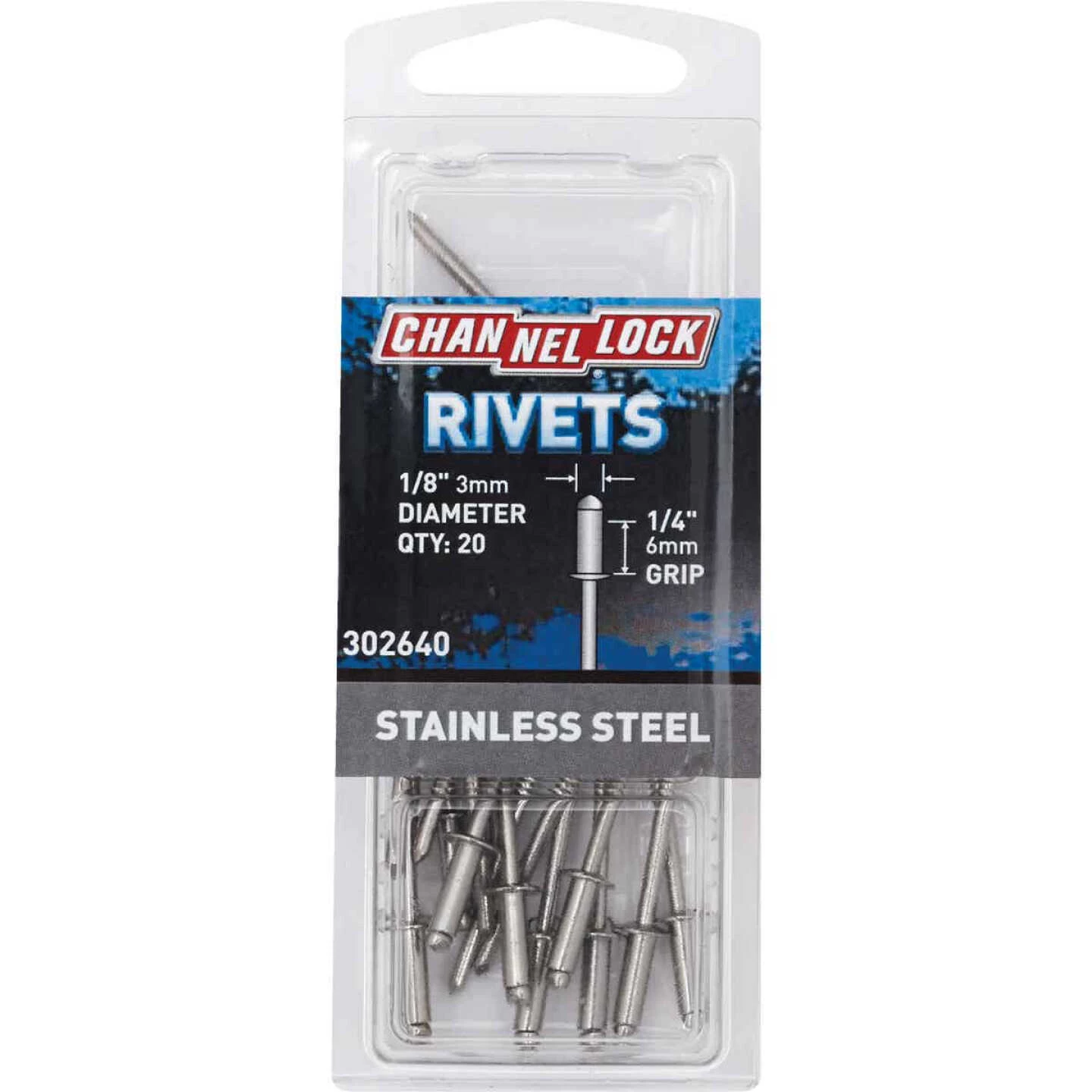 Channellock 1/8 In. Dia. X 1/4 In. Grip Stainless Steel POP Rivet (20-Pack) 3 Channellock 1/8 In. Dia. X 1/4 In. Grip Stainless Steel POP Rivet (20-Pack)